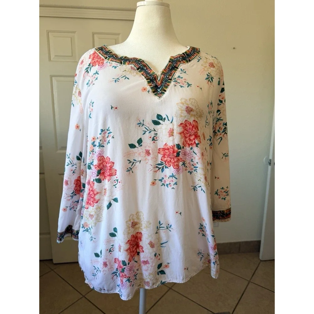 Linda Anderson Women XXL Floral Boho Peasant Blouse White Rayon Embroidered Top - Picture 2 of 16